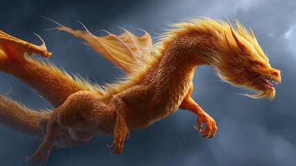 Fototapeta premium A magnificent golden dragon soars through a cloudy sky.