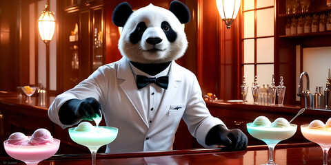 A panda in a tuxedo serves colorful ice cream scoops
