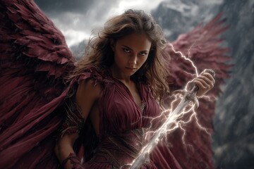 Powerful female warrior with wings and a glowing sword.