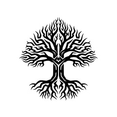A detailed and artistic black  vector illustration, featuring a tree in a tribal or decorative style.