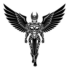 Detailed, futuristic/fantasy black vector illustration, featuring a winged warrior figure in intricate armor.
