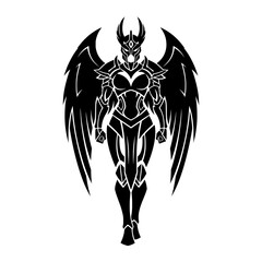 Fototapeta premium Detailed, futuristic/fantasy black vector illustration, featuring a winged warrior figure in intricate armor.