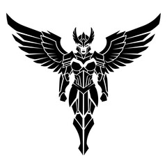 Detailed, futuristic/fantasy black vector illustration, featuring a winged warrior figure in intricate armor.