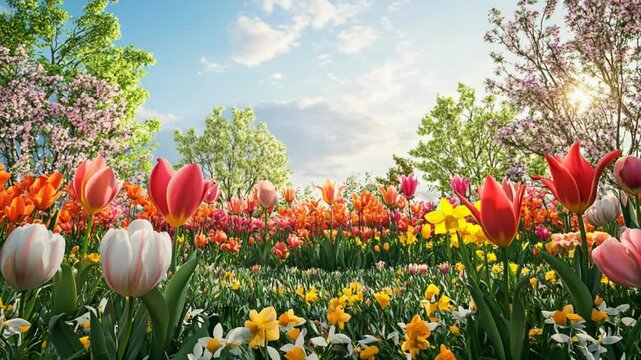 Vibrant Spring Garden: Tulips and Daffodils in Bloom