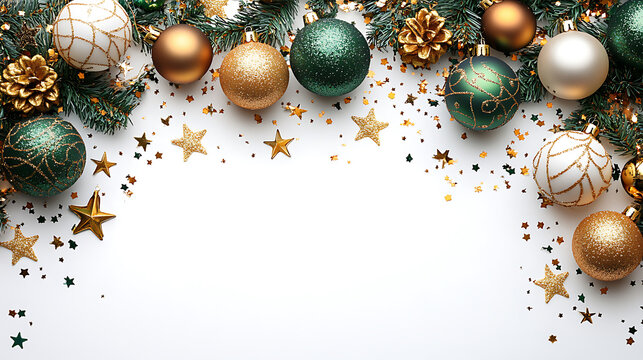 Elegant christmas background with gold stars and baubles on white surface top view ready for text