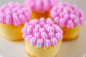 Cupcakes with Pink Frosting.Creamy pink muffins assortment close-up.Fresh sponge cakes with pink cream.Sweet pastries and desserts. Fragrant appetizing pastries.Mini Cheesecakes with Pink Frosting