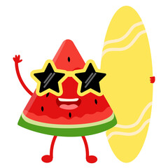 Summer watermelon Cartoon with yellow eyeglass holding surfboard