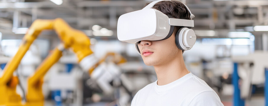 Young man wearing a virtual reality headset and headphones in a modern industrial setting with robotic arms in the background.