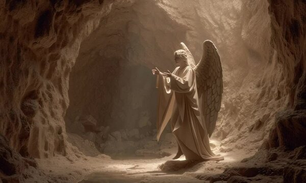 Angelic figure in a cave, bathed in warm light, holding a scroll or book