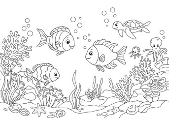 Fototapeta premium Coloring pages. cartoon the enchanting marine world with ocean theme coloring page. easy coloring page for kids. ready to print on standard A4 or 8.5x11 inch paper.