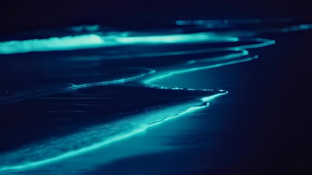 Mesmerizing bioluminescent waves softly washing the dark sandy beach at night