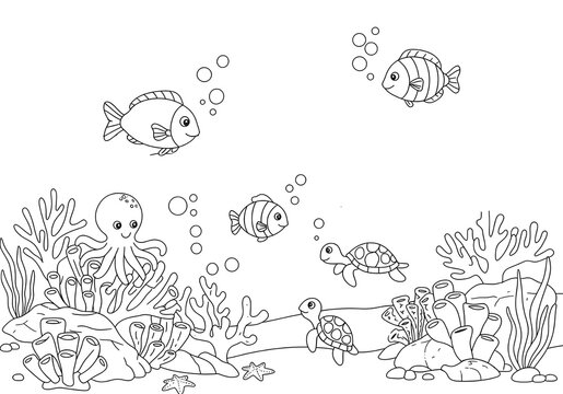 Coloring pages. cartoon the enchanting marine world with ocean theme coloring page. easy coloring page for kids. ready to print on standard A4 or 8.5x11 inch paper.