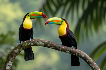 Fototapeta premium Toucans in Paradise: A stunning pair of vibrant toucans, with their distinctive colorful beaks, perched together on a tree branch, surrounded by lush green foliage.