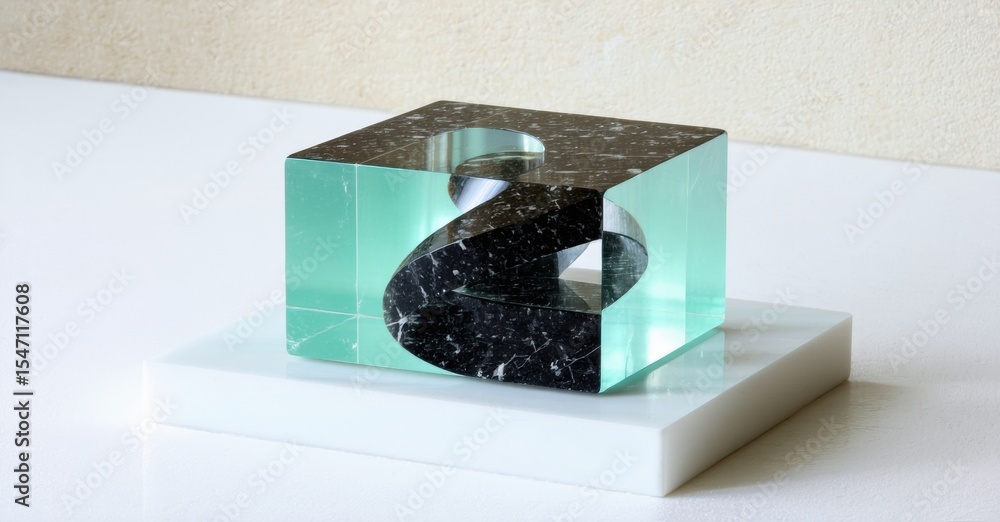 Poster Abstract sculpture. Marble forms intersect, creating dynamic visual tension. Green translucent cube supports dark swirl atop white base.