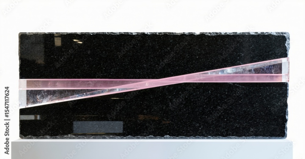 Poster rectangular sculpture. dark stone base supports intersecting pink crystal lines. minimalist design, 