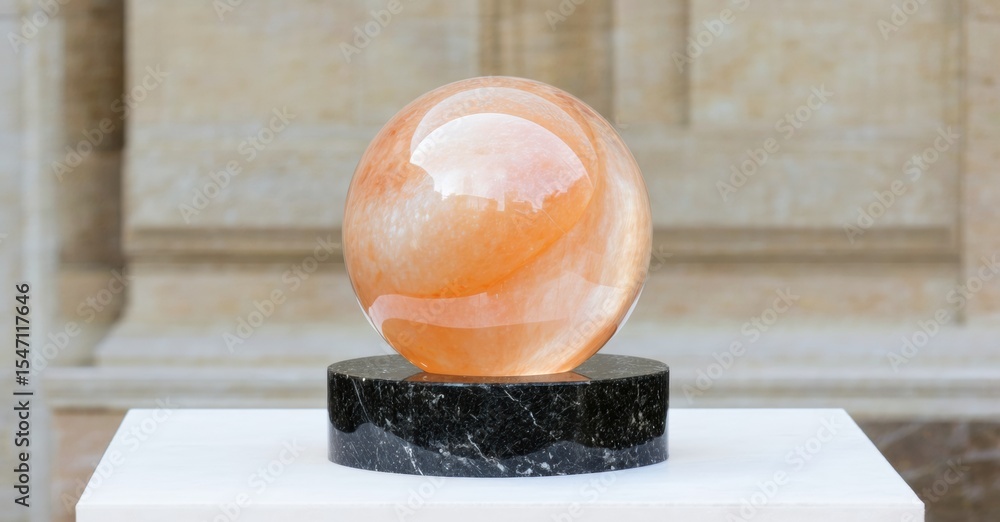 Poster Orange sphere rests atop dark base. Stone pedestal supports translucent orb, creating striking visual contrast. Simple composition, elegant display.