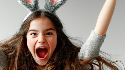 Joyful Young Girl: A child's moment of uninhibited joy, with wide eyes and open mouth and wearing bunny ears. Capturing the moment of excitement and the fun