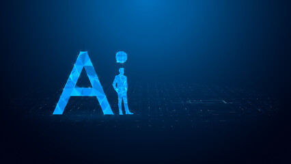 A futuristic blue representation of artificial intelligence, showcasing a human-like figure standing next to a large letter 'A' symbolizing AI concepts.
