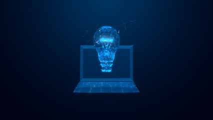 A digital light bulb emerging from a laptop screen, symbolizing innovation and ideas in the modern tech world, with a blue glowing backdrop.