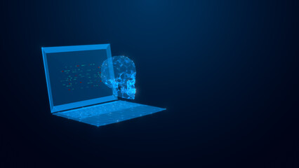 A futuristic digital concept depicting a laptop with a glowing holographic skull emerging from the screen, symbolizing artificial intelligence and innovation.