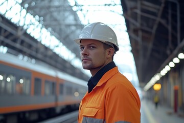 Customer Service Construction: Engineer Inspecting Railway Switch on Railroad Station
