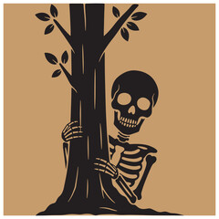 A spooky halloween skeleton peeking from behind a black tree against a brown background