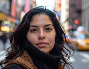 Hispanic woman with tousled dark hair in shearling jacket and black turtleneck in NYC street
