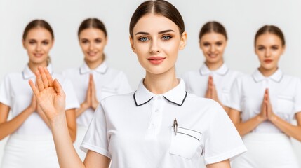 Obraz premium Serene Harmony: A team of women dressed in elegant white uniforms radiate tranquility, hands clasped in prayer, exuding a sense of spiritual peace and inviting contemplation.