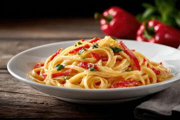 Creamy pasta with red bell peppers and herbs.