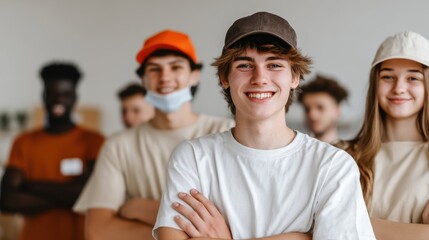 Smiling Youthful Diversity: A group of young people of diverse ethnic backgrounds stand together, radiating positivity and hope for the future, showcasing unity in their community.
