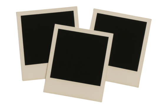 3枚の空白のポラロイド写真、記憶と創造のためのコラージュ素材 透明背景付き分離PNG