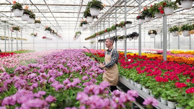 A smiling gardener watering flowers in a greenhouse. Rows of colorful blooms and hanging baskets create a vibrant setting.