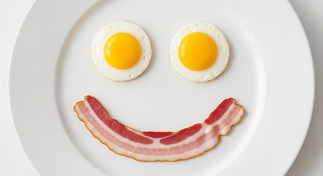 Start your day with joy! Two fried eggs and a slice of bacon create a playful smiley face on a plate. A whimsical and funny moment for breakfast.