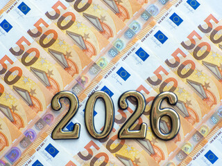 Background of the fifty euros banknotes and 2026