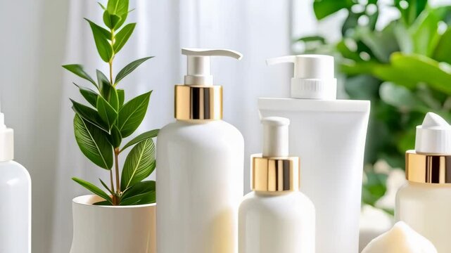 Luxurious assortment of unlabeled white cosmetic containers and skincare products, featuring gold accents and botanical plant decor.