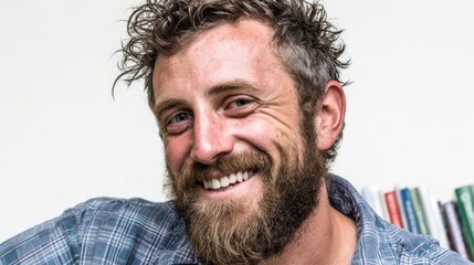 Obraz premium Smiling Man with Curly Hair and a Beard: A captivating portrait of a man with a full, well-groomed beard and textured, curly hair, captured in a close-up shot showcasing his confident and warm smile.