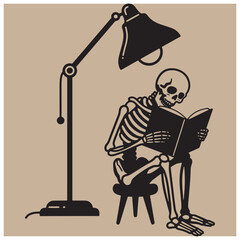 Silhouette illustration of a skeleton reading a book under a study lamp on a beige background.