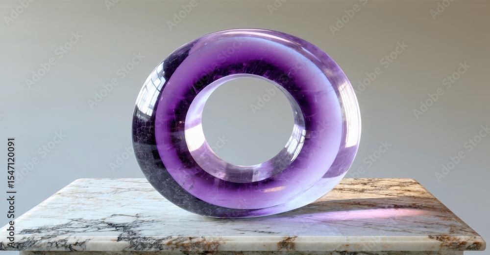Poster purple glass torus rests upon textured surface. light refracts through material creating vibrant hue