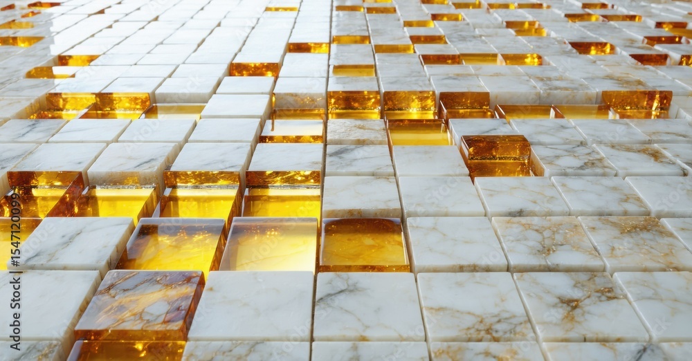 Poster Abstract mosaic pattern. White marble juxtaposed with golden translucent blocks. Geometric design creates textured surface.