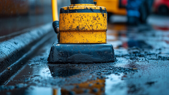 Mud-covered vibrating plate compactor on wet construction site - Powered by Adobe