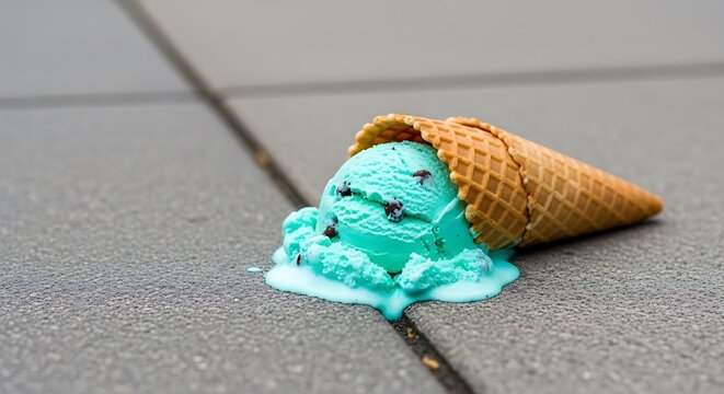 A tragicomic and funny moment of a dropped mint chocolate chip ice cream cone melting on the pavement. A whimsical symbol of a summer mishap.