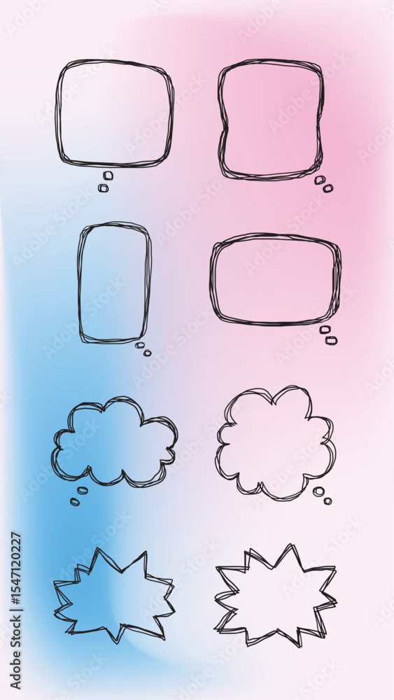 Poster set of simple lines hand drawn speech bubbles in various shapes gradient background. set of simple o