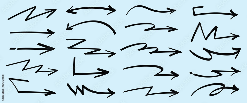 Poster set of simple lines hand drawn black arrows in various style. set of simple of hand drawn black arro