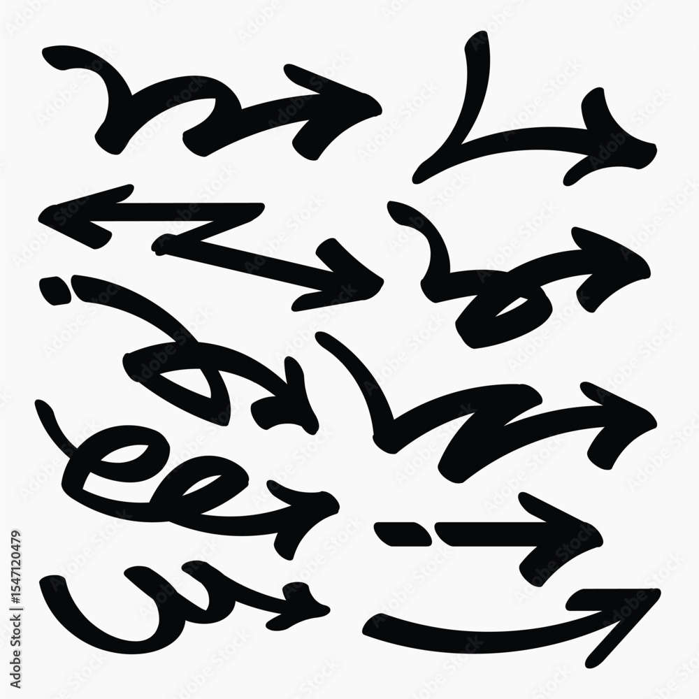 Poster set of simple bold lines hand drawn black arrows in various style. set of simple of hand drawn black