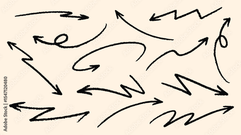 Poster set of simple lines hand drawn black arrows in various style. set of simple of hand drawn black arro