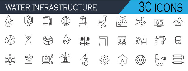 Water Infrastructure Icons &ndash; Plumbing, Sanitation, Pipeline, Supply System Vector Set