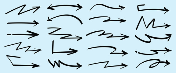 Set of simple lines hand drawn black arrows in various style. Set of simple of hand drawn black arrows. Set of simple lines hand drawn black arrows. Various of simple lines arrows collection