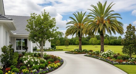 Scenic driveway with palm trees and flowers leading to a white house. Green lawn, blue sky, and landscaping provide a serene and inviting outdoor scene.