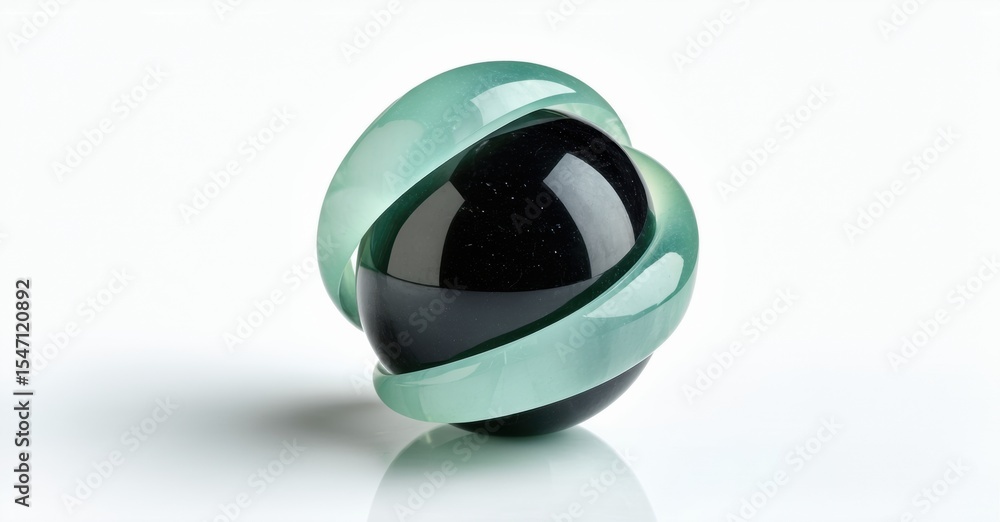 Poster Glass sculpture. Smooth curves intertwine, creating abstract form. Dark core contrasts with translucent green exterior. Reflective surface, simple background.
