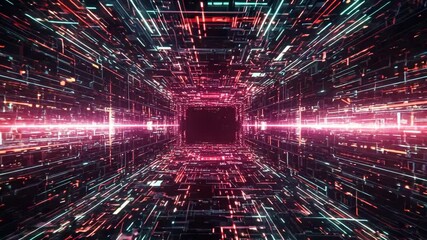Neon abstract digital tunnel with glowing lights and lines  